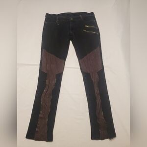 Devil Fashion Womens Stretch Jeans Low Rise Black Brown Suede Patch Zipper Sz L